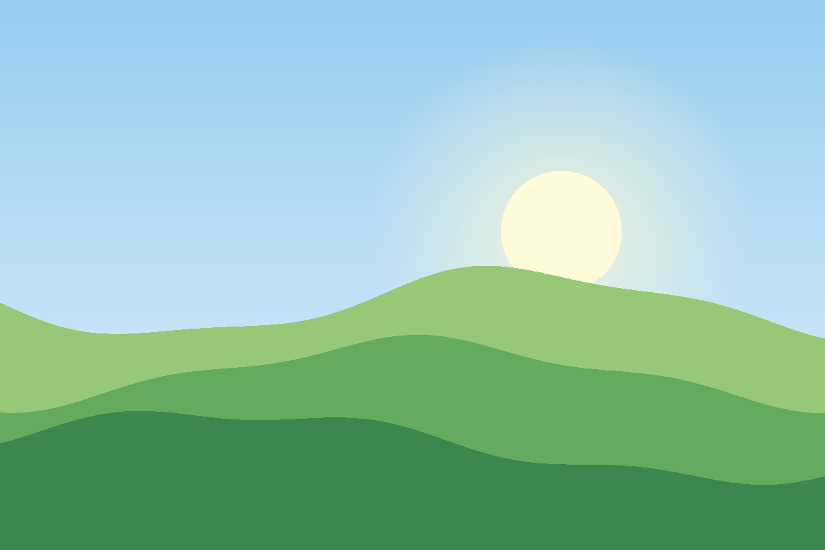 Illustration of bright green hills under a clear morning sky