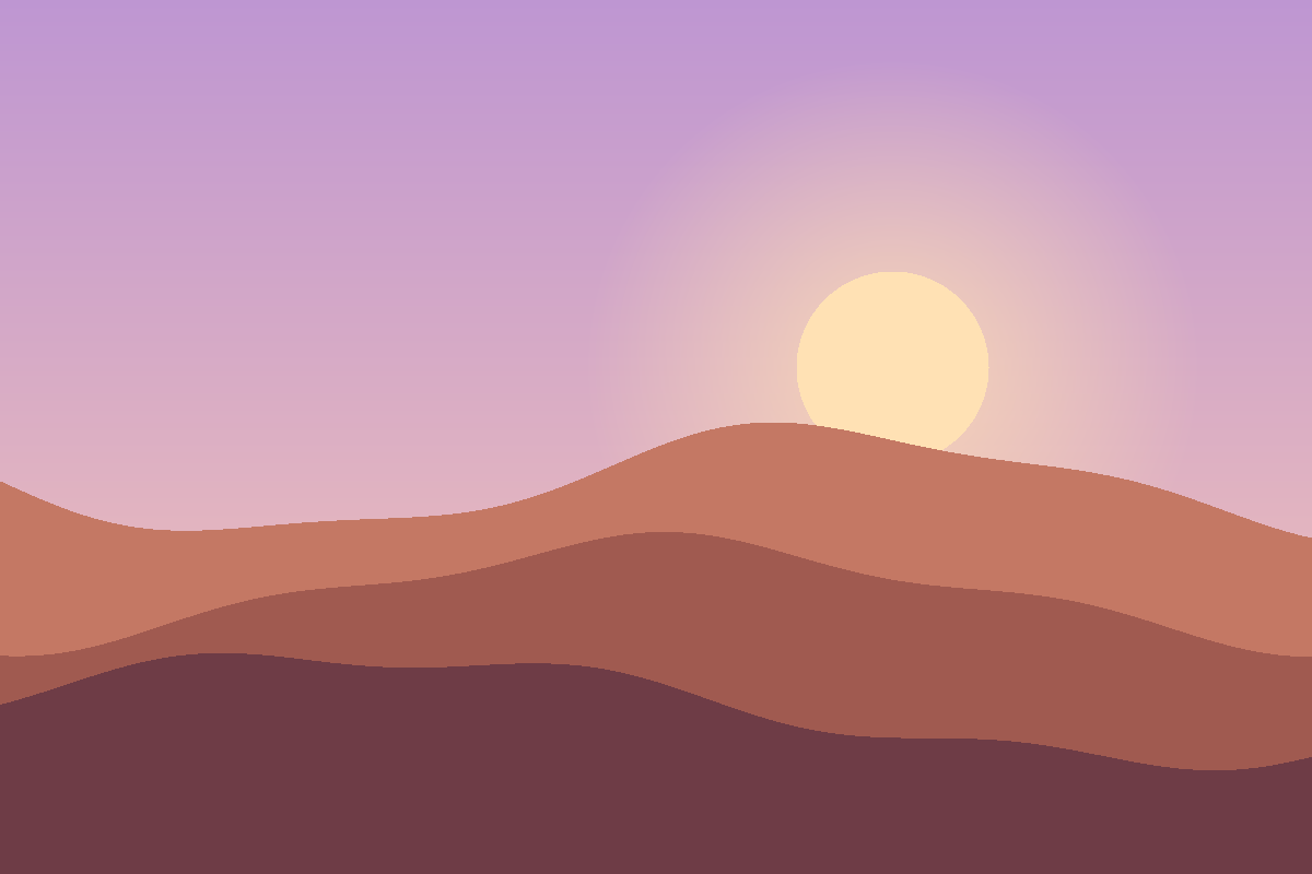 Illustration of desert hills at dusk under a pink and violet sky