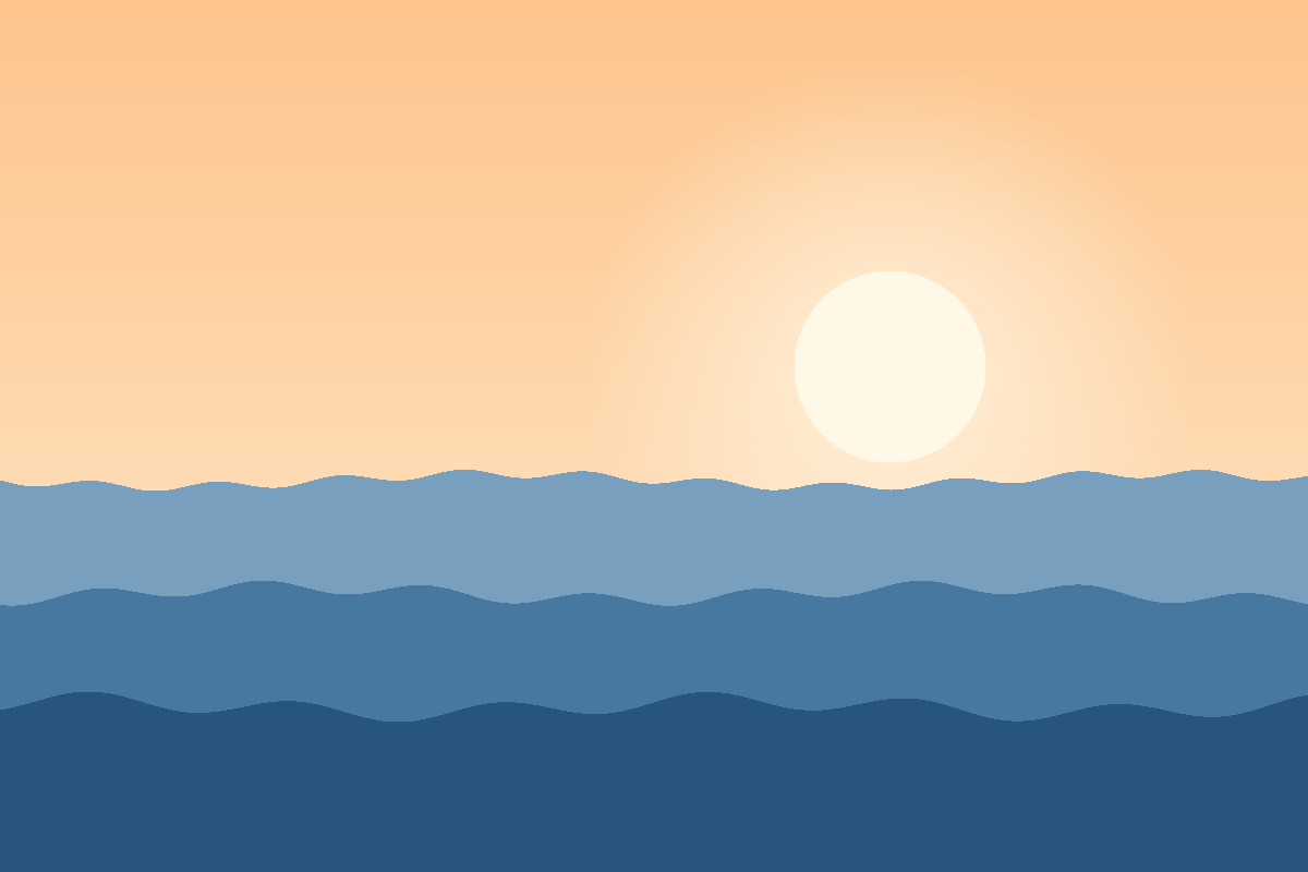 Illustration of a sunrise over a calm harbor, in warm orange and soft blue